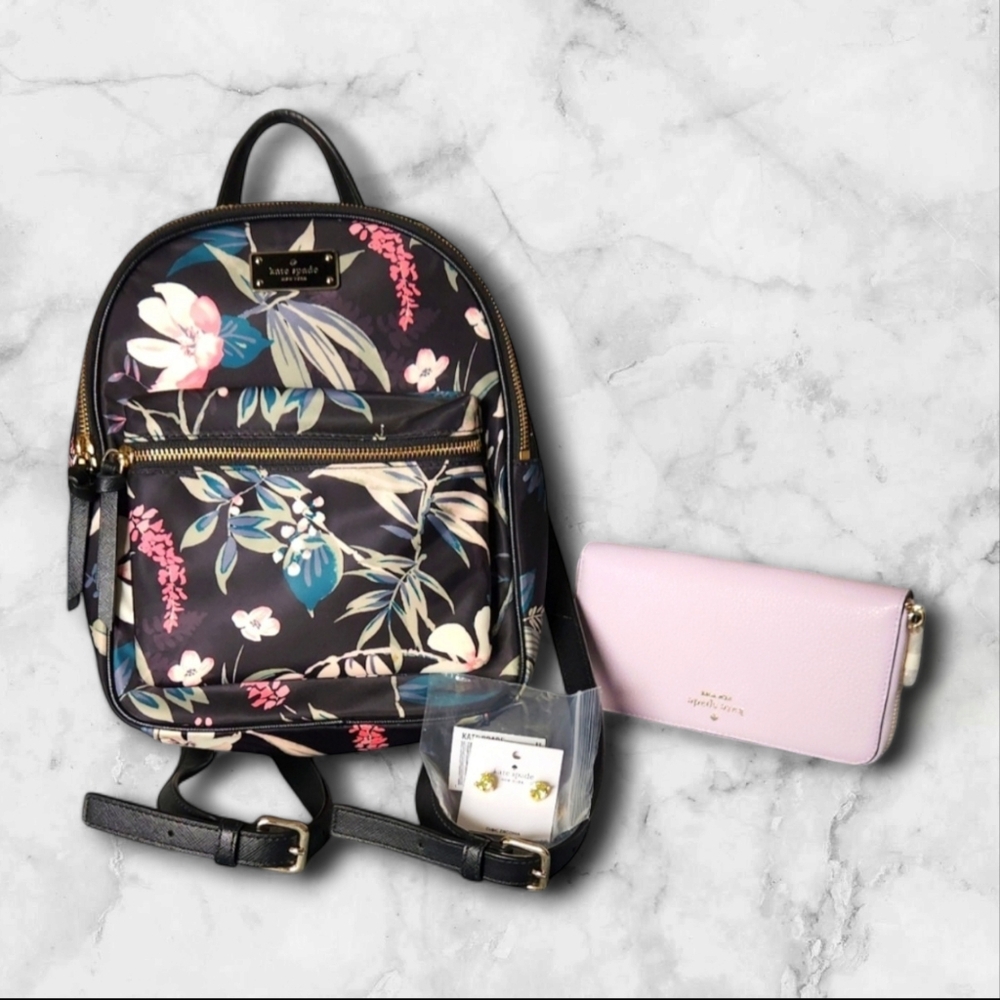 NWOT Kate Spade BUNDLE of 3 Items. Small Backpack, Long Wallet & Earrings.
